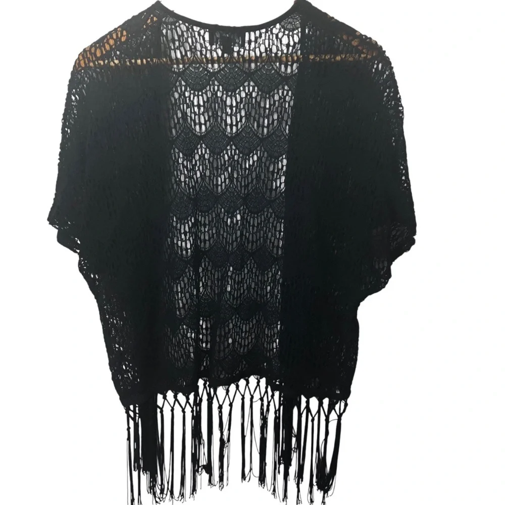 Active Whimsigoth Sz S Black Crochet Boho Fringe Sweater Shrug Cardigan Cotton